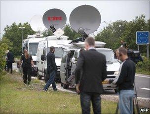 Media crews in the Danish town of Padborg, on the German border, 5 July