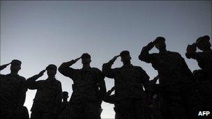 Nato-led International Security Assistance Force soldiers attend an Annual Memorial Ceremony at Camp Eggers in Kabul on 30 May, 2011