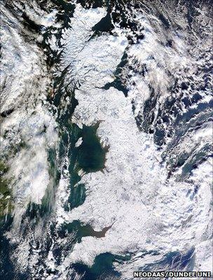 Satellite image of Britain covered in snow (Image: NEODAAS/University of Dundee/PA)