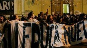 Students protest outside Universidad de Chile in Santiago on 5 July 5, 2011.