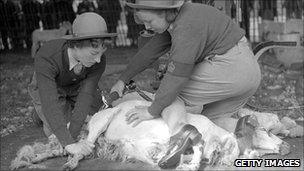 Land Girls shearing sheep in 1940