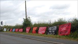 Banners outside Fiddlers Ferry