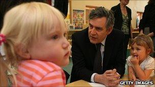 Former Prime Minister Gordon Brown visiting a Sure Start centre in 2010