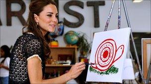 The Duchess of Cambridge does a painting during a visit to the Inner-City Arts club in Los Angeles, California, July 10, 2011