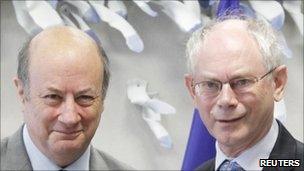 Poland's Finance Minister Jacek Rostowski (left) and European Council President Herman Van Rompuy