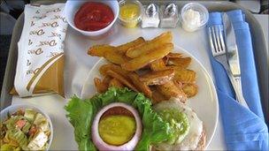 A lunch consisting of a burger served on the plane