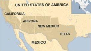 A map of Texas, New Mexico, Arizona and California