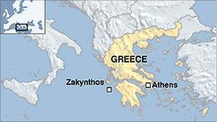 Map showing location of Zakynthos