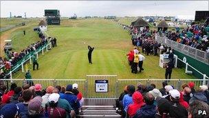 Jerry Kelly takes the first shot of the 2011 Open Championship at Royal St George"s, Sandwich