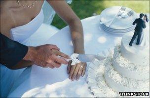 Couple cutting a wedding cake