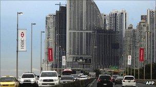 View of the Trump Ocean Club tower located in the Pacific coast of Panama City, on 6 July 2011