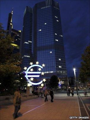 A Euro logo stands in front of the headquarters of the European Central Bank