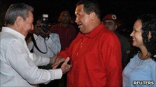 Cuba' President Raul Castro ((left) greets Venezuela's President Hugo Chavez and his daughter Rosa Virginia at Havana airport