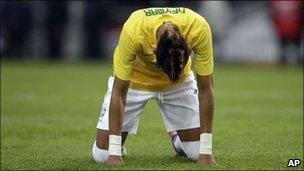 Brazil's Neymar reacts during a Copa America quarter-final against Paraguay in La Plata, Argentina, 17 July 2011