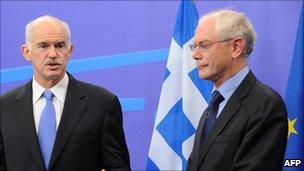 Greek Prime Minister George Papandreou (left) and EU Council President Herman Van Rompuy - file pic