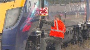 Rail worker and train