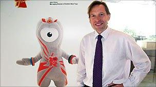 Chris Daniels of Lloyds TSB with the Wenlock mascot for the Olympics and Paralympics