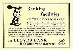 An advertisement from Lloyds in 1948 showing the bank's connection with the London Olympics that year