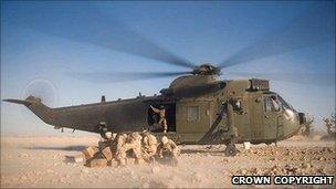 A Royal Navy Sea King assists troops on the ground in Afghanistan