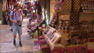 Tourist in the Old City of Jerusalem market.