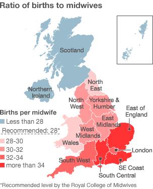 Map showing ration of births to midwives by region