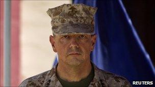 General John Allen attends the change of command ceremony in Kabul on 18 July 2011