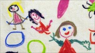 Child's crayon drawing of smiling people