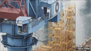 Vessel crane at the Busan shipyards of HHIC, where Kim Jin-suk has been holding a sit-in demonstration since 6 Jan 2011, in Busan, south-east of Seoul