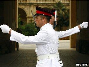 The changing of the guard ceremony outside the presidential palace in Valletta, Malta, 25 July