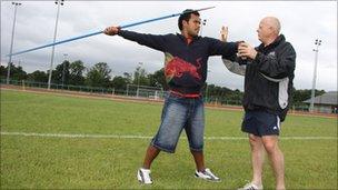 Fijian javelin thrower Leslie Copeland and UCLan lecturer John Trower