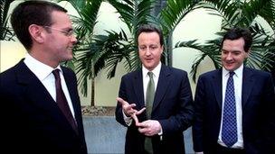 James Murdoch, David Cameron and George Osborne