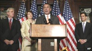 House Speaker John Boehner speaking alongside other Republican lawmakers