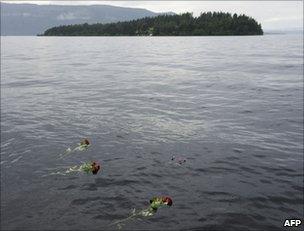 Flowers float in Lake Tyrifjorden with Utoeya island in the background, 26 July