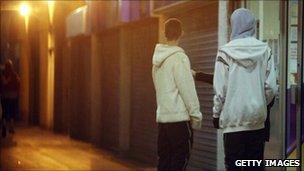 Young men outside a shop