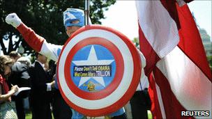 A man dressed as a Captain America protested against an increase in the debt limit