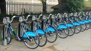 Cycle hire bikes at a docking station