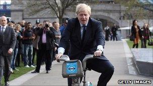 Boris Johnson on a cycle hire bike