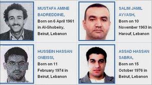 The four men accused of killing Rafik Hariri: Mustafa Amine Badreddine, Salim Jamil Ayyash, Hussein Hassan Oneissi and Assad Hassan Sabra