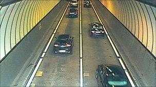 Traffic in the westbound Brynglas tunnel after reopening following a lorry fire - image from Traffic Wales webcam