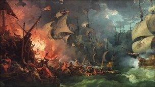 Defeat of the Spanish Armada, 1588-08-08 by Philippe-Jacques de Loutherbourg, painted 1796, depicts Drake's fire ship attack on the Spanish Armada