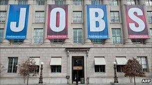 The US Chamber of Commerce with a sign reading "jobs" hanging on the building