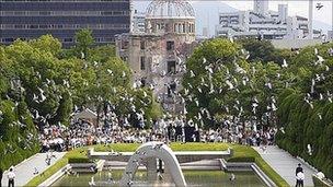 Doves are released at Hiroshima's peace memorial