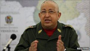 Venezuelan President Hugo Chavez speaks during a meeting with his cabinet at his office at Miraflores Palace in Caracas on 6 August 2011.