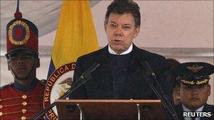 Colombia's President Juan Manuel Santos speaks during Army Day, the 192nd anniversary of the Battle of Puente de Boyaca, in Boyaca, 7 August 2011.