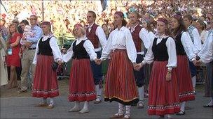 Dancers in traditional Estonian folk costumes