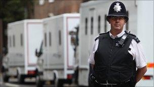 Police officer outside Westminster Magistrates' Court