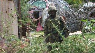 An African Union soldier in a former stronghold of al-Shabab in Mogadishu on Thursday 11 August 2011