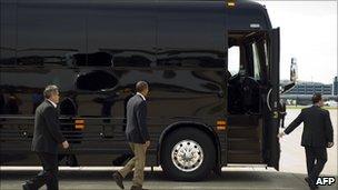 Mr Obama boards his bus for his Midwestern tour