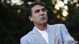 Republican presidential candidate Texas Governor Rick Perry in Cedar Rapids, Iowa, on 15 August 2011