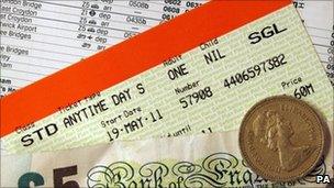 Rail ticket, timetable and cash